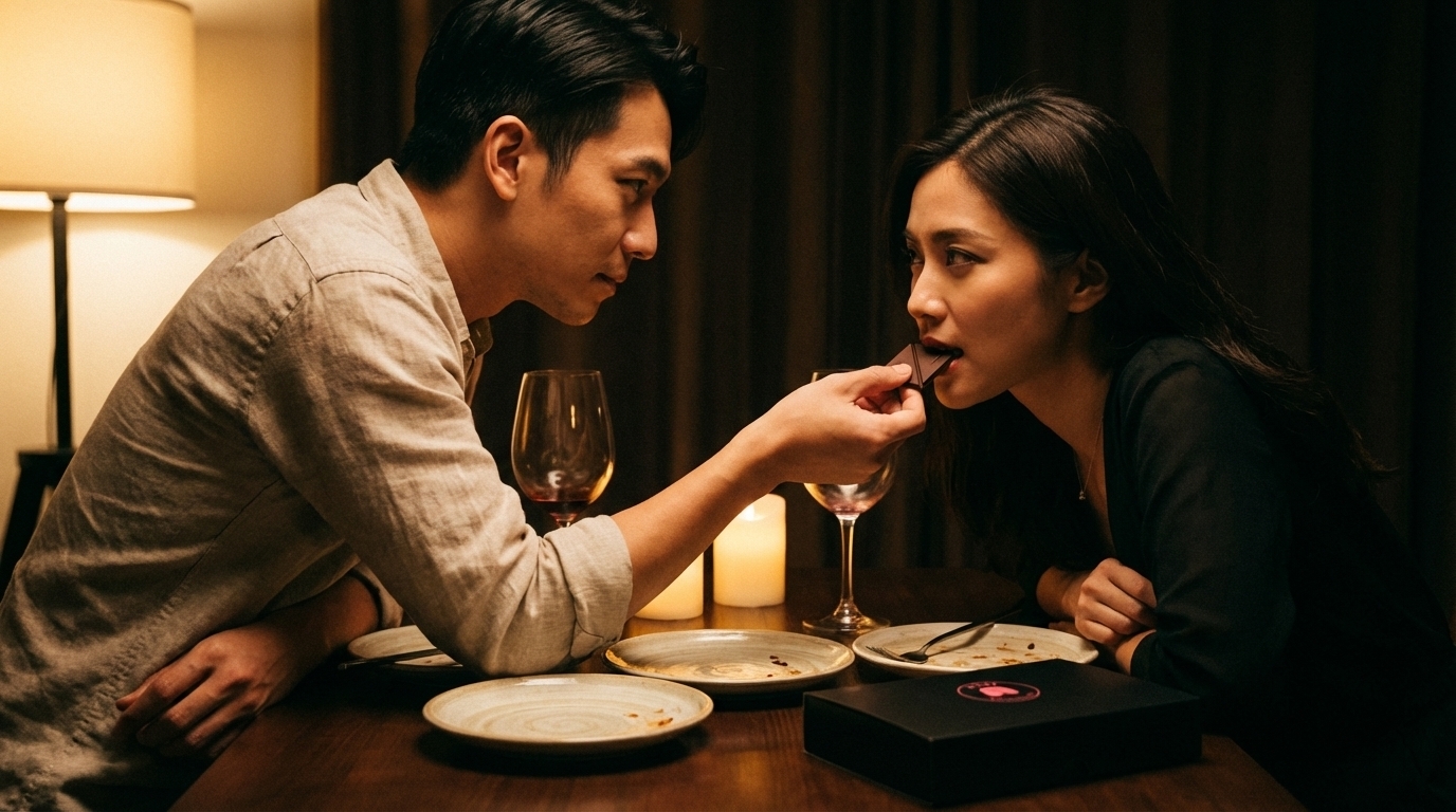 兩人共享巧克力的約會氛圍